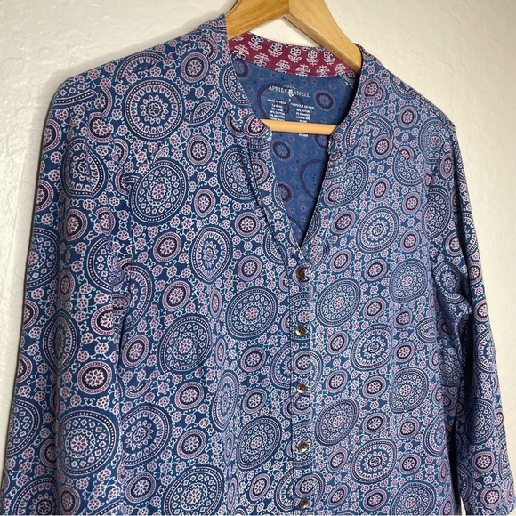 April Cornell Tunic Top/Dress Size S Button Up Geo Print Mandala Blue Burgundy - Picture 2 of 10